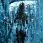 Palette-knife painting on canvas, back view of a female figure under an umbrella in the rain, by Lubosh Valenta.