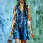 Woman in a blue dress walking barefoot with shoes in her hand, expressive figurative palette knife painting on canvas by Lubosh Valenta.