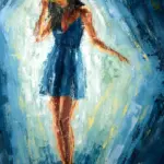 Abstract female figure in blue dress and yellow hat, palette knife painting on canvas, artist Lubosh Valenta
