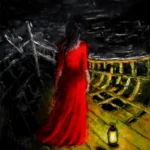 Palette knife painting on canvas by Lubosh Valenta – a woman in a long red dress standing on the deck of an old, broken ship at night, illuminated by a lantern.