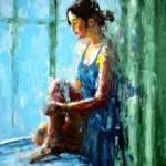 Bluish Day – palette knife painting on canvas, author Lubosh Valenta, figurative painting of a seated woman in blue tones by a window