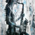 Palette knife painting on canvas – woman playing saxophone after midnight, artist Lubosh Valenta