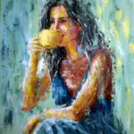 woman with coffee cup – expressive palette knife painting on canvas by Lubosh Valenta