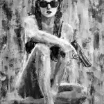 Malba špachtlí na plátně, černobílá figurální kompozice sedící ženy se slunečními brýlemi a pistolí, autor Lubosh Valenta.