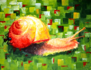 original painting of snail and ant sitting on it by Lubosh Valenta, titled Stowaway