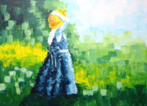 Painting of a little gilr staying in nature with a had by Lubosh Valenta, Girl under Sun