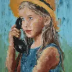 Young girl wearing a straw hat holding a vintage black telephone handset. Expressive acrylic palette knife painting in blue and golden tones. Painting by Lubosh Valenta