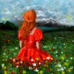 Palette knife painting on canvas – a girl in a red dress kneels in a blooming meadow, looking toward dark storm clouds, by Lubosh Valenta.