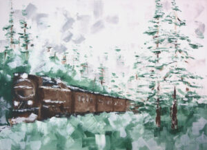 painting of train riding in the nature, Romantic Ride