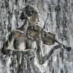 Abstraktní expresivní obraz ženy hrající na housle, malba špachtlí na plátně, autor Lubosh Valenta