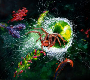 Obraz, malba na plátně, pavouk v pavučině s barevnými květy s názvem Mikrovesmír barev od Lubosh Valenta