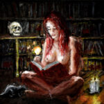 Palette knife painting on canvas – a modern witch immersed in a ritual of silence, surrounded by a mysterious glow of knowledge, by Lubosh Valenta