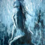 Abstract female nude in blue tones, palette knife painting on canvas, artist Lubosh Valenta
