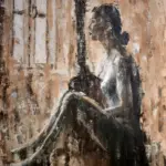 Painting Silent Companion – a woman seated with a guitar in soft light; palette-knife painting on canvas, by artist Lubosh Valenta.