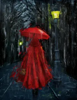 Path Between Shadows – palette knife painting on canvas by Lubosh Valenta. A figure in a red dress holding a red umbrella walks through a rainy night alley lit by a street lamp, contrasting with the dark blue and black tones of the surroundings.
