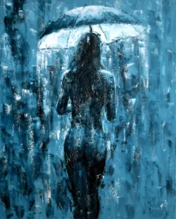 Palette-knife painting on canvas, back view of a female figure under an umbrella in the rain, by Lubosh Valenta.