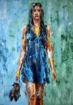 Woman in a blue dress walking barefoot with shoes in her hand, expressive figurative palette knife painting on canvas by Lubosh Valenta.