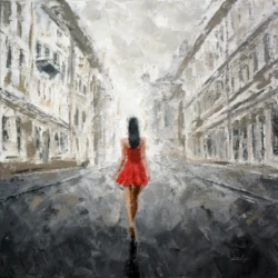Palette knife painting on canvas by Lubosh Valenta depicting a woman in a red dress walking down a lonely city street in muted gray tones.
