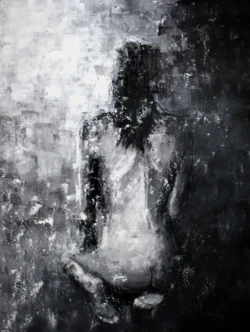 Obraz Hvězdné touhy od Lubosh Valenta, malovaný akrylem a špachtlí. Zobrazuje nahou ženu sedící zády k divákovi, obklopenou abstraktním, monochromatickým pozadím přecházejícím z bílé do černé. Drsná textura a dynamické tahy dodávají obrazu emotivní hloubku a atmosféru touhy či zamyšlení.