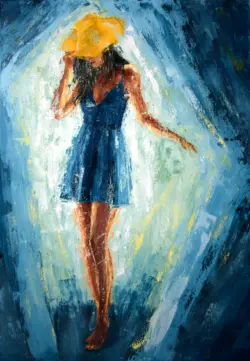 Abstract female figure in blue dress and yellow hat, palette knife painting on canvas, artist Lubosh Valenta