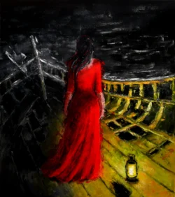 Palette knife painting on canvas by Lubosh Valenta – a woman in a long red dress standing on the deck of an old, broken ship at night, illuminated by a lantern.