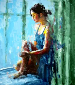 Bluish Day – palette knife painting on canvas, author Lubosh Valenta, figurative painting of a seated woman in blue tones by a window
