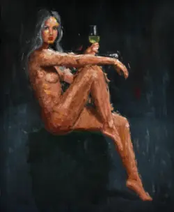 Nightcap – expressive palette knife painting on canvas by Lubosh Valenta, depicting a female nude in an intimate nighttime atmosphere, holding a glass against a dark background.