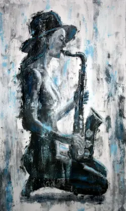 Palette knife painting on canvas – woman playing saxophone after midnight, artist Lubosh Valenta
