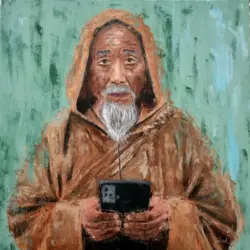 An elderly monk holding a tablet and wearing earphones – expressive acrylic palette knife portrait on canvas by Lubosh Valenta