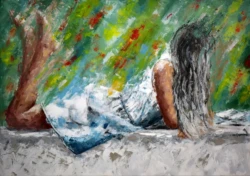 Expressive palette knife painting depicting a woman lying on a light surface, surrounded by a vibrant green background with red and yellow accents. Title of the painting: Story of Summer. Artist: Lubosh Valenta.