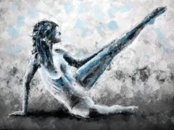 Expressive acrylic painting of a woman in a dynamic pose, created with a palette knife on canvas. A monochromatic palette with blue accents emphasizes the balance and calm of the composition by Lubosh Valenta