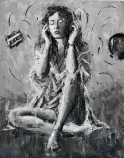 Echoes of Memories – expressive palette knife painting on canvas by Lubosh Valenta depicting a woman with closed eyes listening to music in monochrome tones with a cassette tape and vinyl record motif.