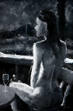 A painting Evening in the Mountains by Lubosh Valenta, created with acrylic and a palette knife. It depicts a nude woman sitting on a terrace, gazing at the mountain landscape. The atmosphere is dark and melancholic, with a monochromatic palette of black, white, and gray, emphasizing the interplay of light and shadow. A glass of wine sits on the table beside her.