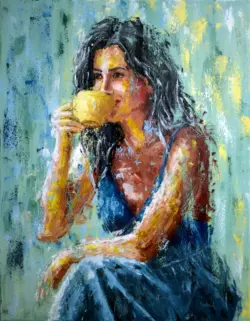 woman with coffee cup – expressive palette knife painting on canvas by Lubosh Valenta