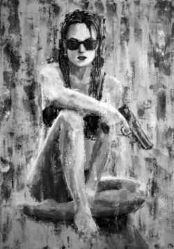 Palette knife painting on canvas, black and white figurative composition of a seated woman wearing sunglasses and holding a gun, by Lubosh Valenta.