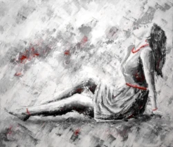 Palette knife painting on canvas by Lubosh Valenta depicting a woman in a dramatic pose with striking red accents. Modern figurative art with expressive texture.