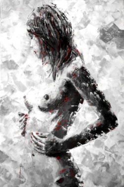 Abstract painting of a woman in profile, depicted in black and white tones with striking red accents, created with expressive brushstrokes.