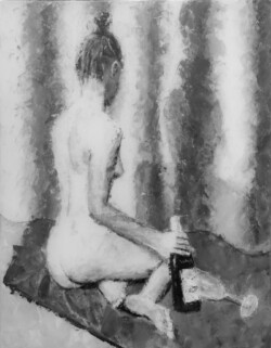 artistic nude painting, lady sitting naked with a bottle of a red wine by Lubosh Valenta, Abandoned