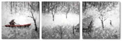 Black-and-white abstract triptych with red accents, depicting a lone rower in a boat, a fog-covered forest landscape, and a wooden pier leading into the unknown. Expressive palette knife strokes add dynamism and depth to the piece.
