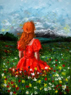 Palette knife painting on canvas – a girl in a red dress kneels in a blooming meadow, looking toward dark storm clouds, by Lubosh Valenta.