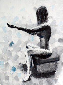 artistic nude paintign, a girl sitting naked, black and white,by Lubosh Valenta, Prayer