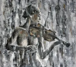 Abstract expressive painting of a woman playing the violin, palette knife painting on canvas, artist Lubosh Valenta