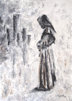 the black and white painting of a monk