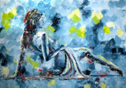 Abstract painting of a reclining nude woman with a predominantly blue background and accents of yellow and red, created with acrylic technique