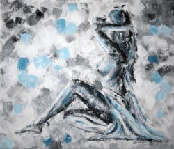 Abstract painting of a seated woman with a predominantly gray and white background and subtle blue accents, created with acrylic technique