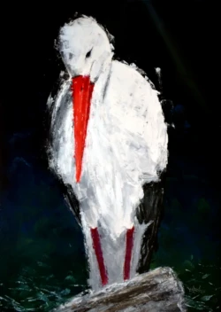 Expressive painting of a stork with a striking red beak on a dark background. Palette knife painting on canvas by Lubosh Valenta.