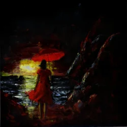 Palette knife painting on canvas by Lubosh Valenta depicting a woman with a red umbrella walking toward the sea in a dark night landscape lit by crimson light.