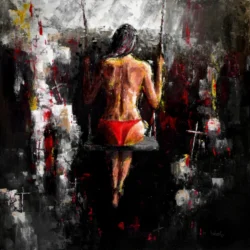 A palette knife painting on canvas by Lubosh Valenta showing a girl in red panties on a swing above a dark abyss. The expressive brushwork and abstract background highlight the solitude and tension of the moment.