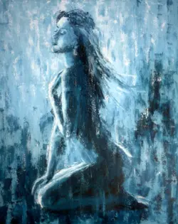 Abstract female nude in blue tones, palette knife painting on canvas, artist Lubosh Valenta