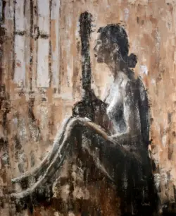 Painting Silent Companion – a woman seated with a guitar in soft light; palette-knife painting on canvas, by artist Lubosh Valenta.